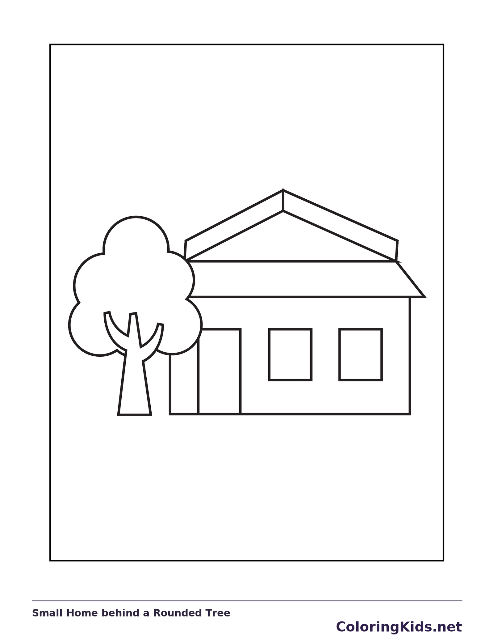 Small Home behind a Rounded Tree coloring page: black and white line art to print or color online
