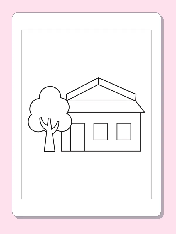 Small Home behind a Rounded Tree coloring page: black and white line art to print or color online