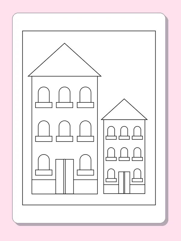 Tall and Short Town Houses coloring page: black and white line art to print or color online