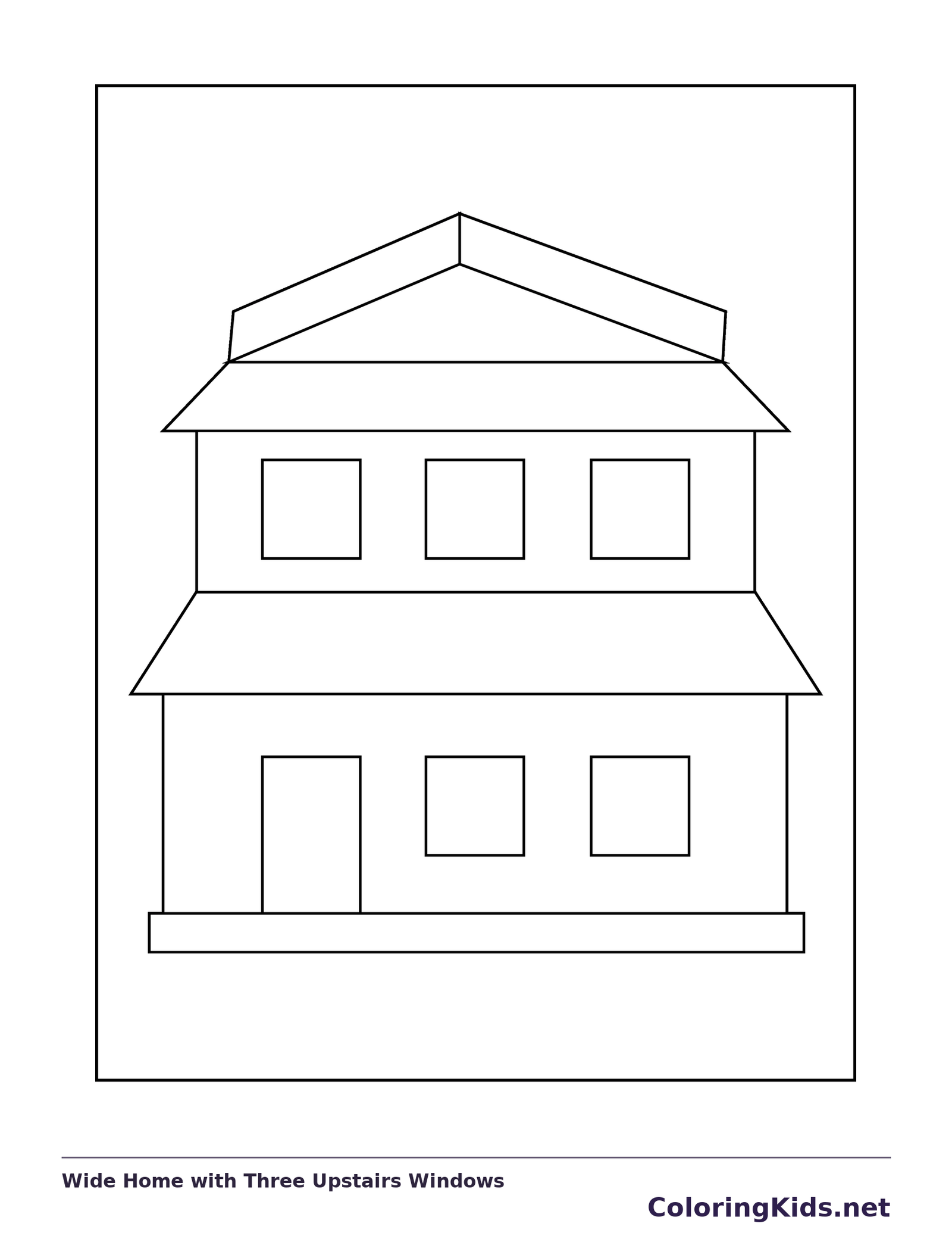 Wide Home with Three Upstairs Windows coloring page: black and white line art to print or color online
