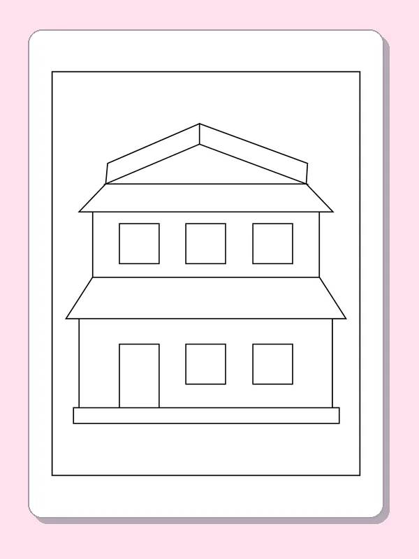 Wide Home with Three Upstairs Windows coloring page: black and white line art to print or color online