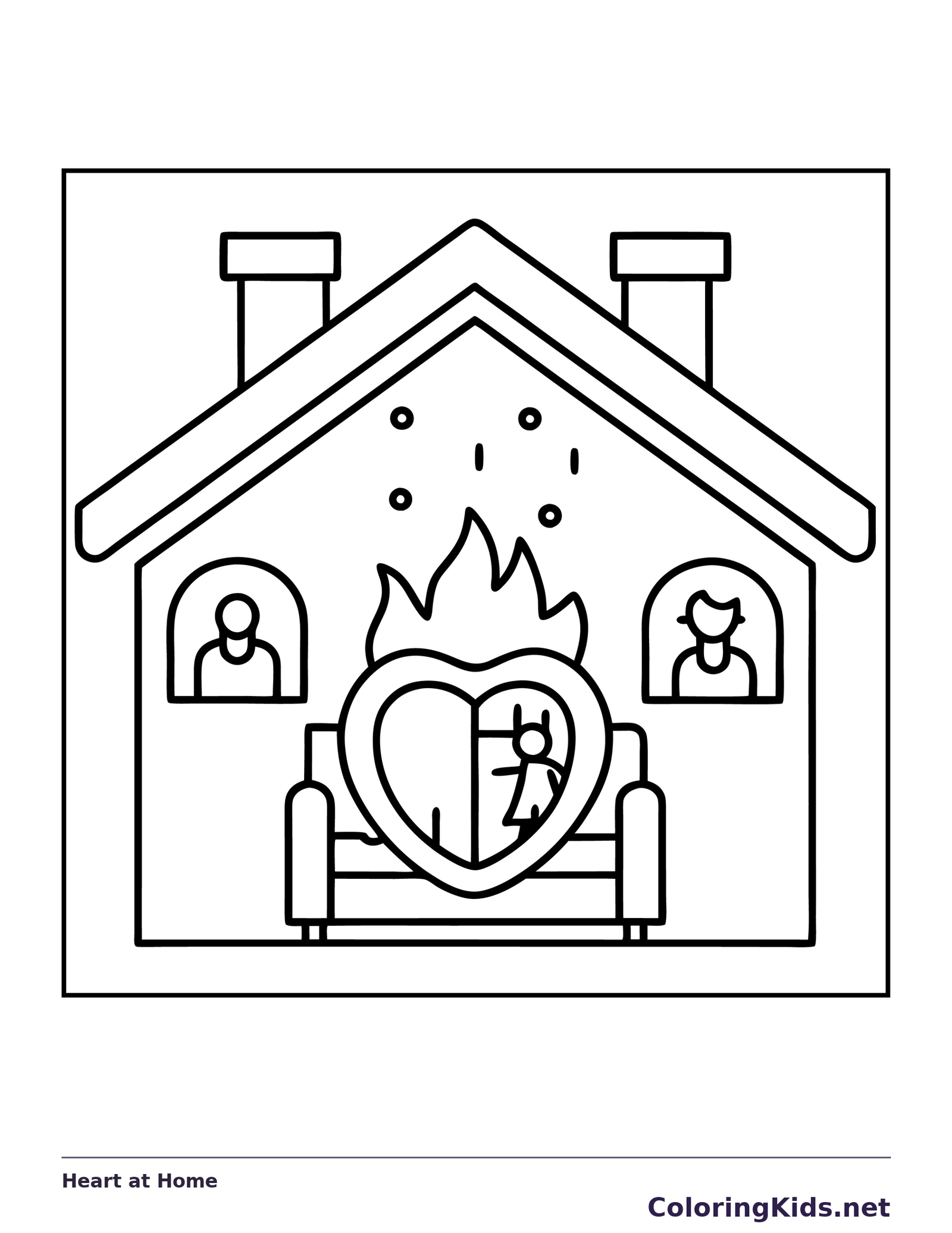 Black and white printable heart at home coloring sheet