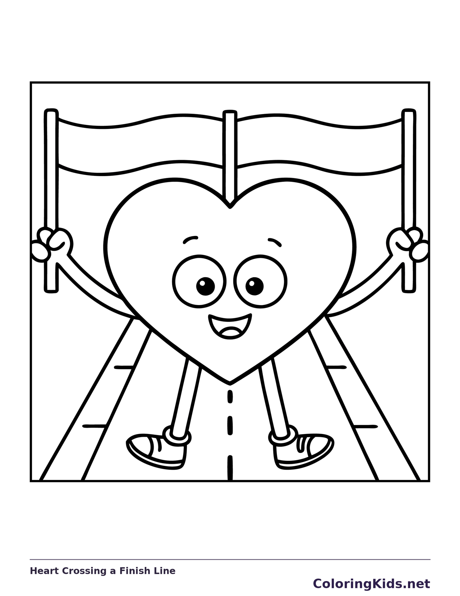 Black and white printable heart crossing a finish line coloring sheet
