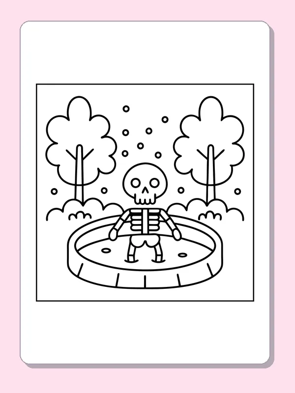 Black and white printable skeleton in a garden coloring sheet