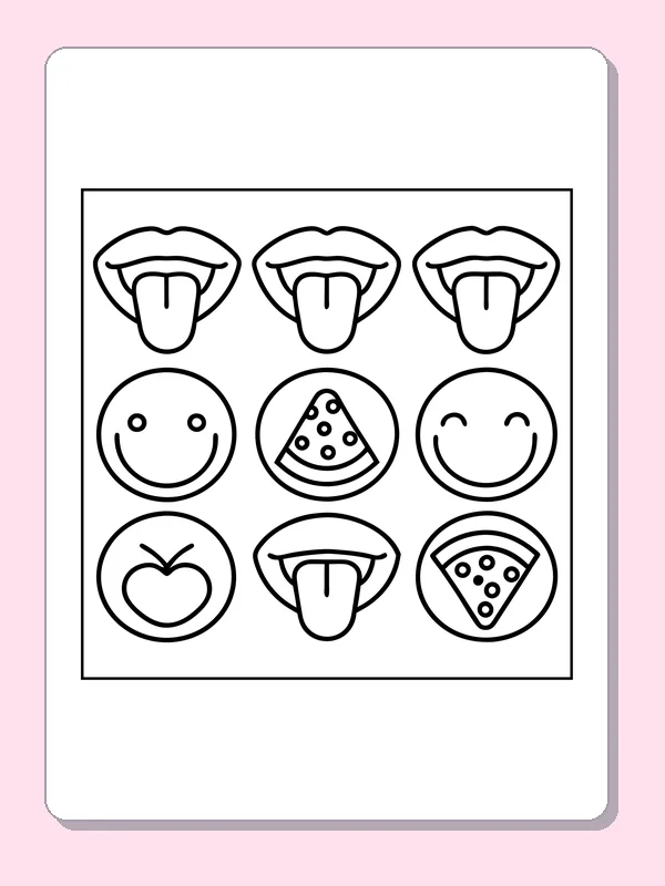 Black and white printable tongue and taste icons coloring sheet