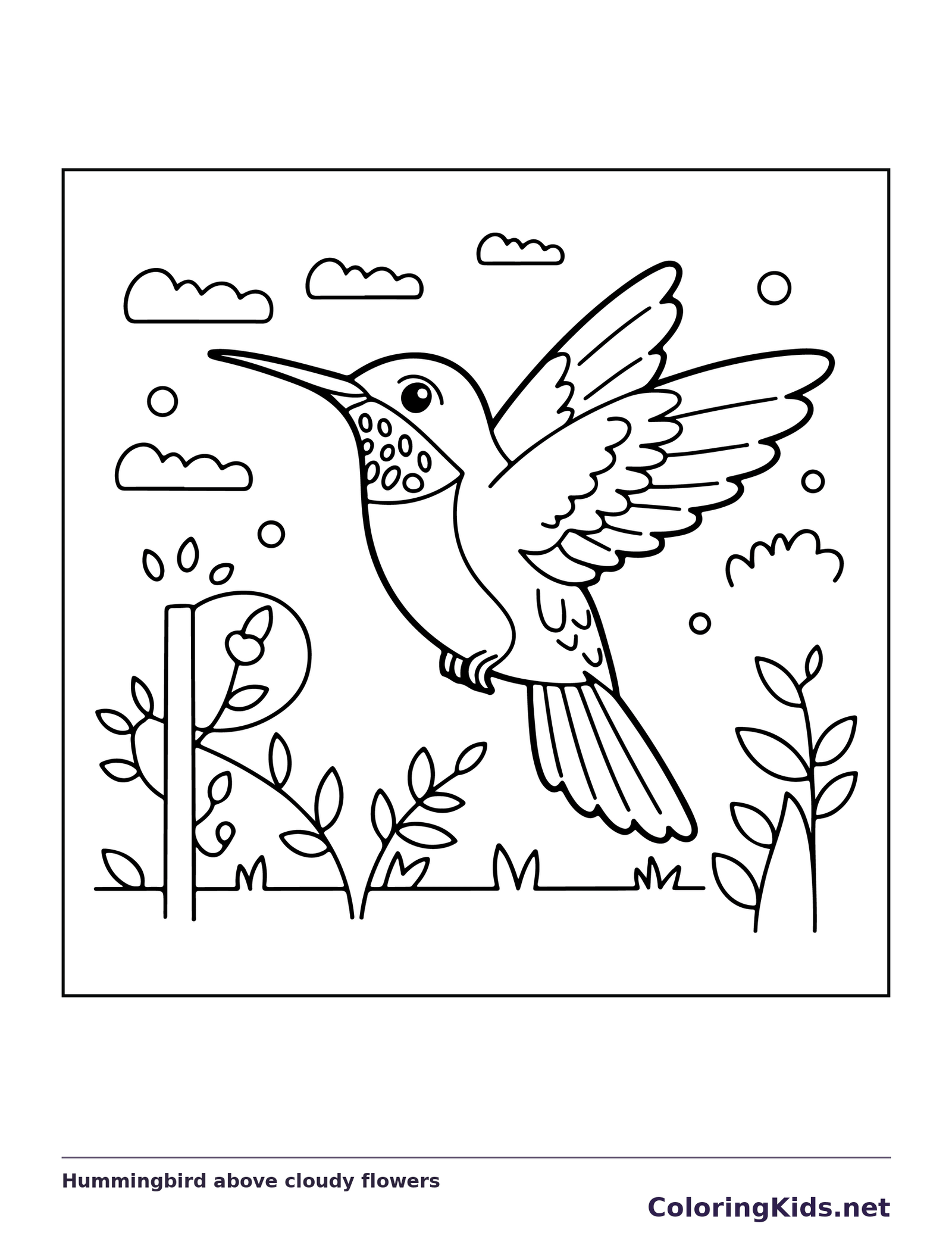 Hummingbird flying above flowers with rounded clouds behind it