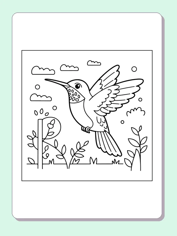 Hummingbird flying above flowers with rounded clouds behind it