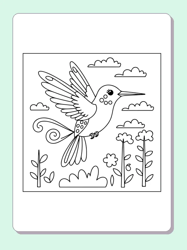 Hummingbird flying above curled and swirling garden leaves