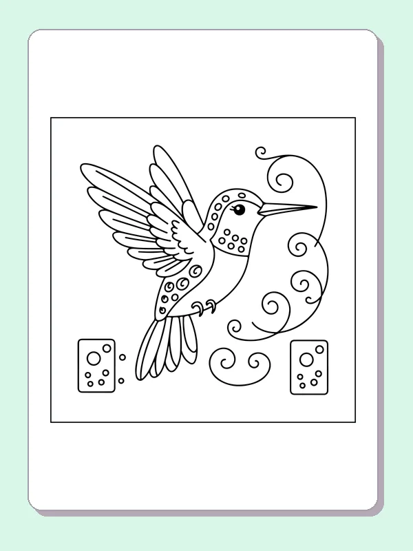 Hummingbird flying among curled vines and decorative blocks