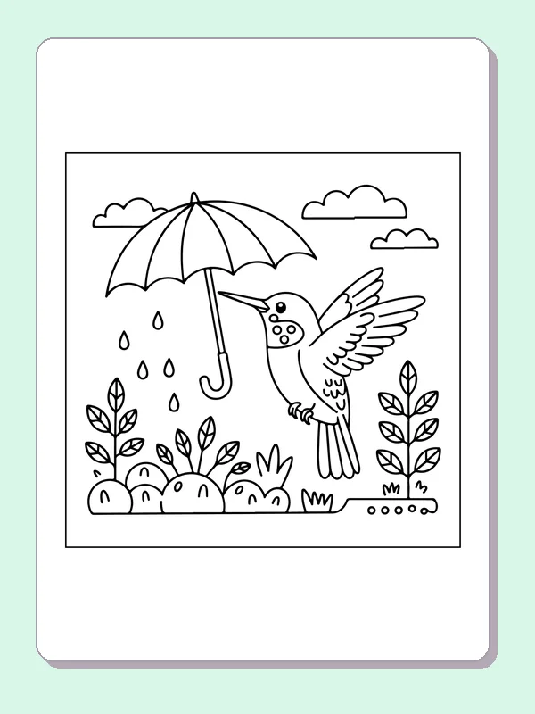 Hummingbird hovering beneath a rain umbrella