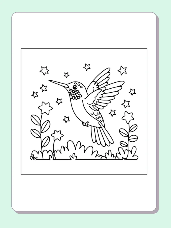 Hummingbird hovering above a flower patch beneath stars and clouds