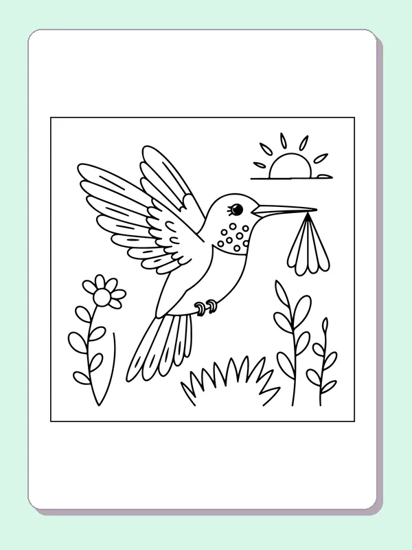 Hummingbird flying with a drooping blossom held by its bill