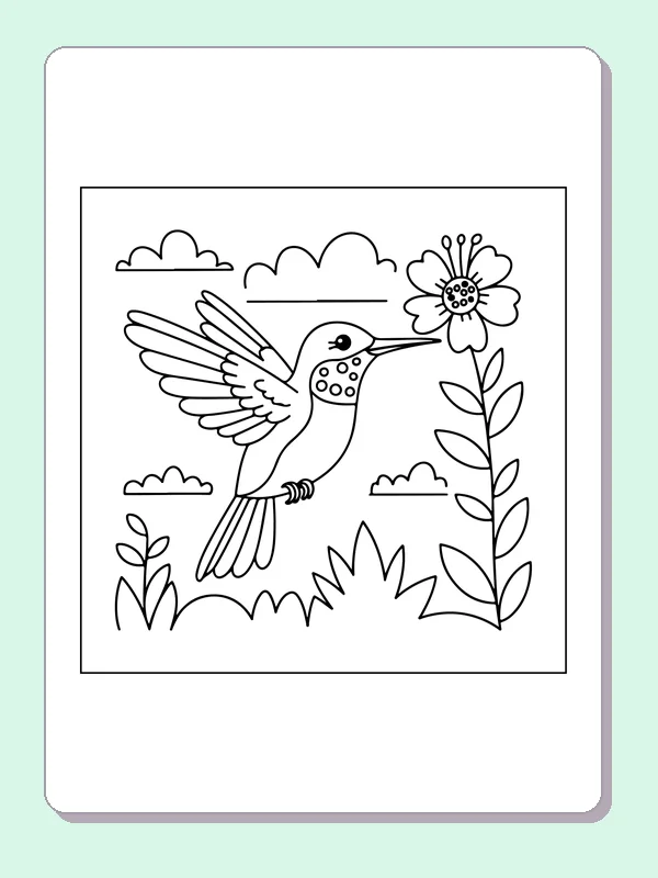 Hummingbird reaching toward a tall flower with its long bill