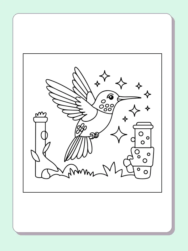 Hummingbird hovering near a hanging feeder with stars around it