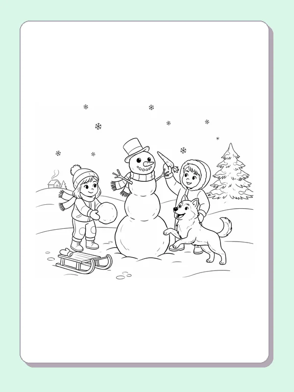 Husky beside two children building a snowman with a sled