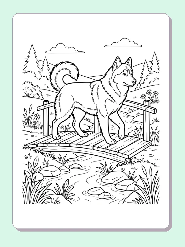 Husky on a wooden bridge over a stream with rocks and plants