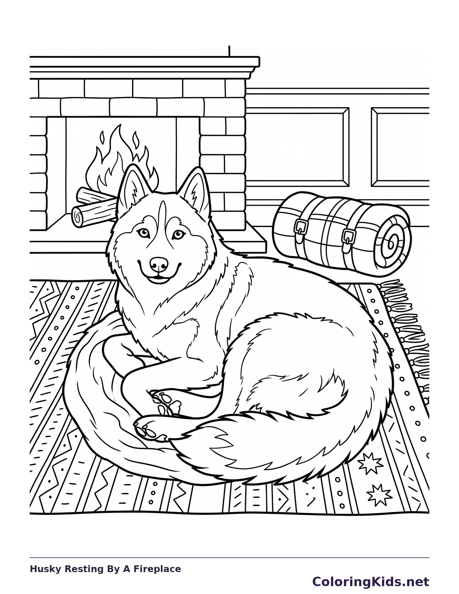 Husky resting on a patterned rug beside a brick fireplace