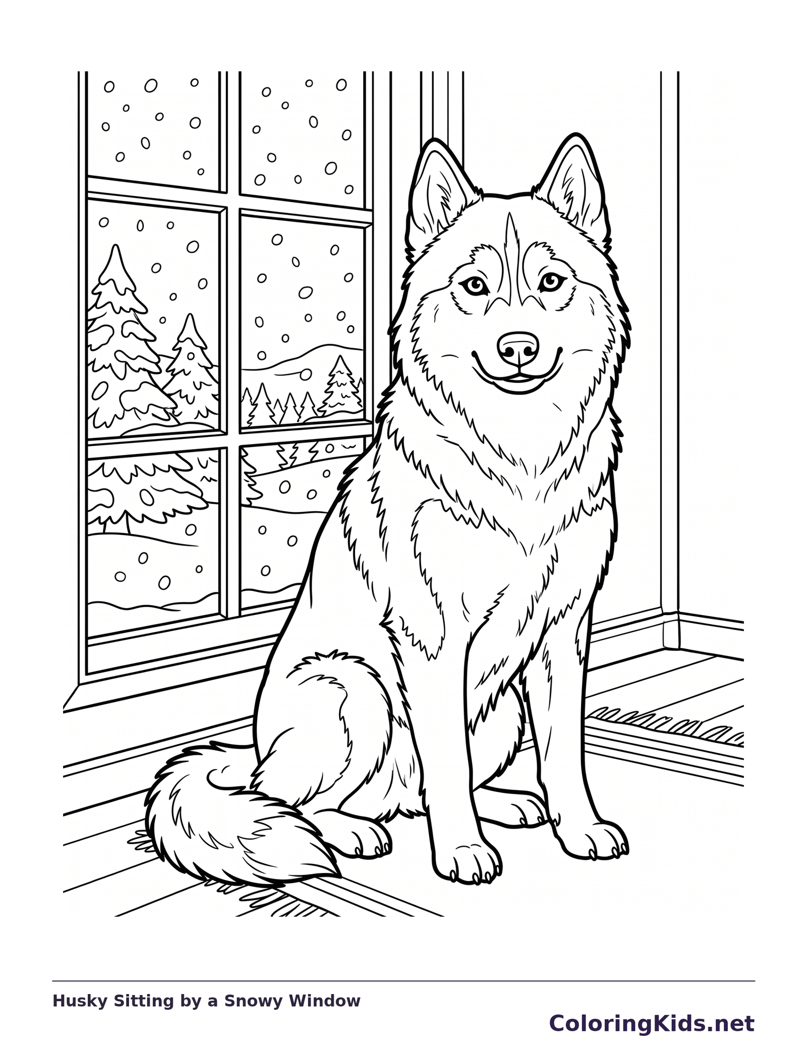 Husky sitting indoors by a snowy window with pine trees outside