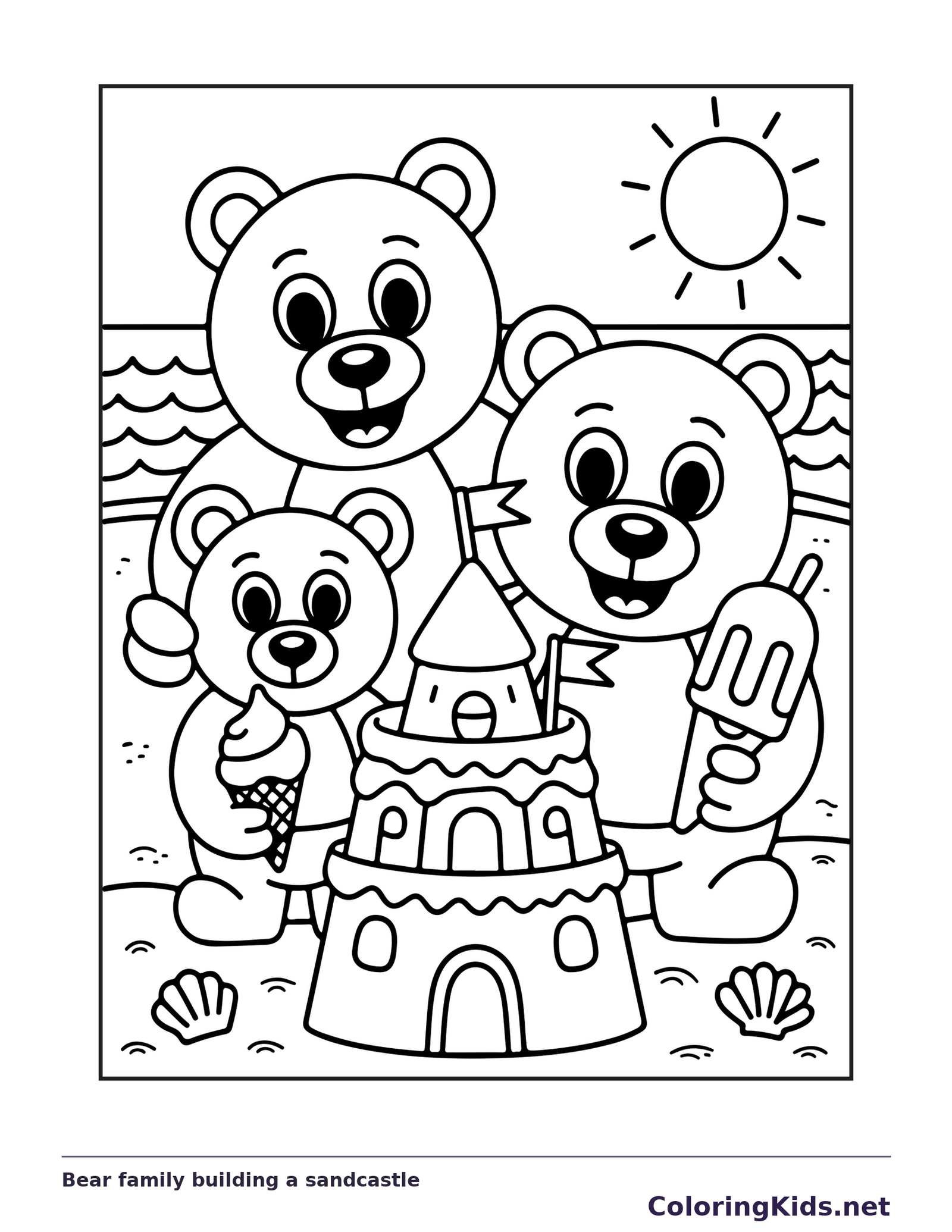 Black and white bear family coloring page with treats around a sandcastle