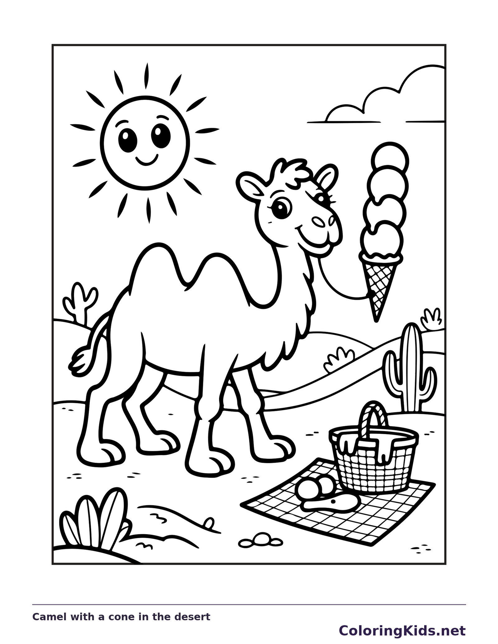 Black and white camel coloring page beside ice cream, cactus and picnic basket