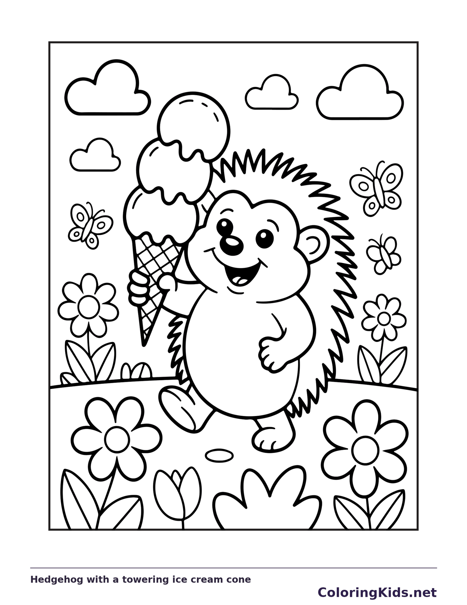 Black and white hedgehog coloring page with a tall cone among flowers