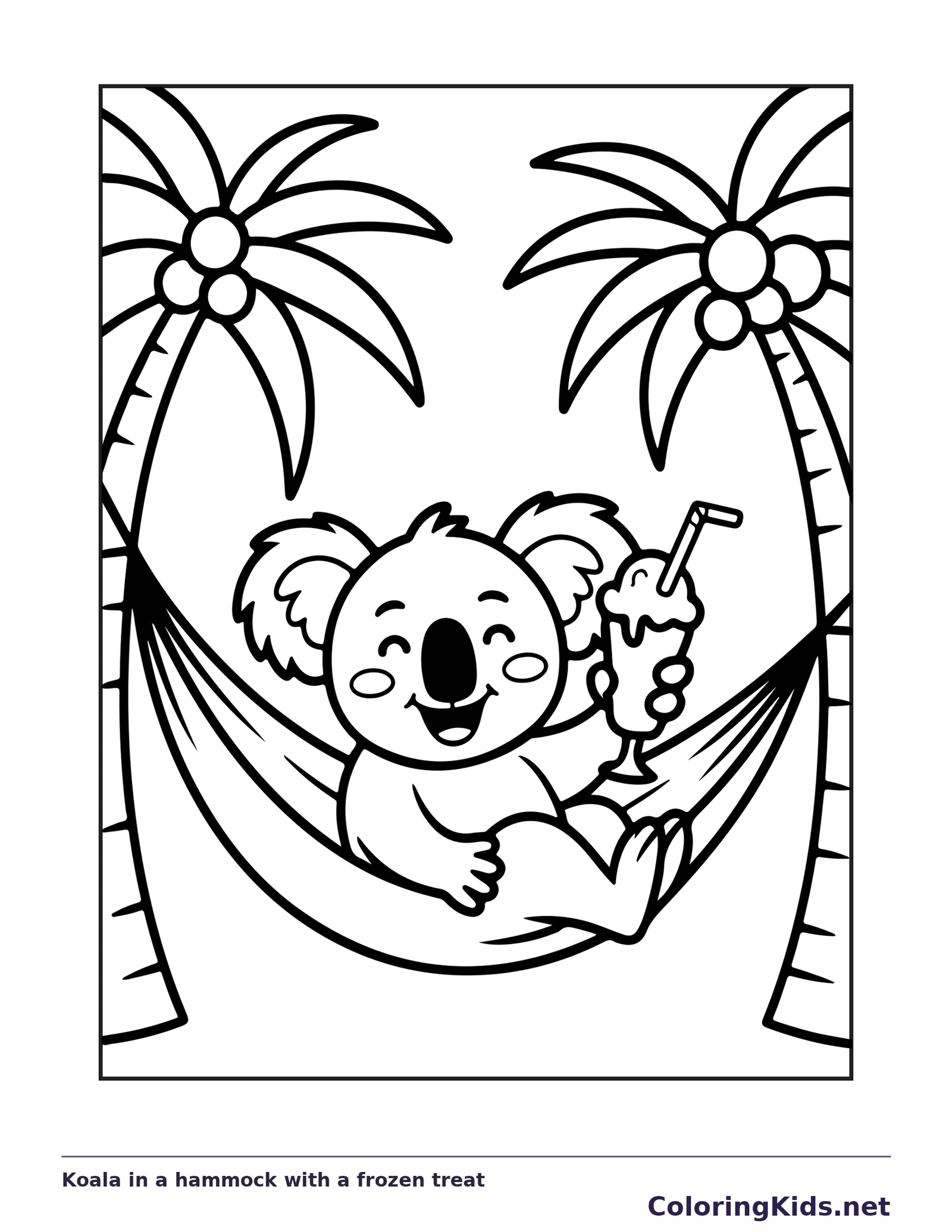 Black and white koala coloring page in a hammock holding an ice cream cone