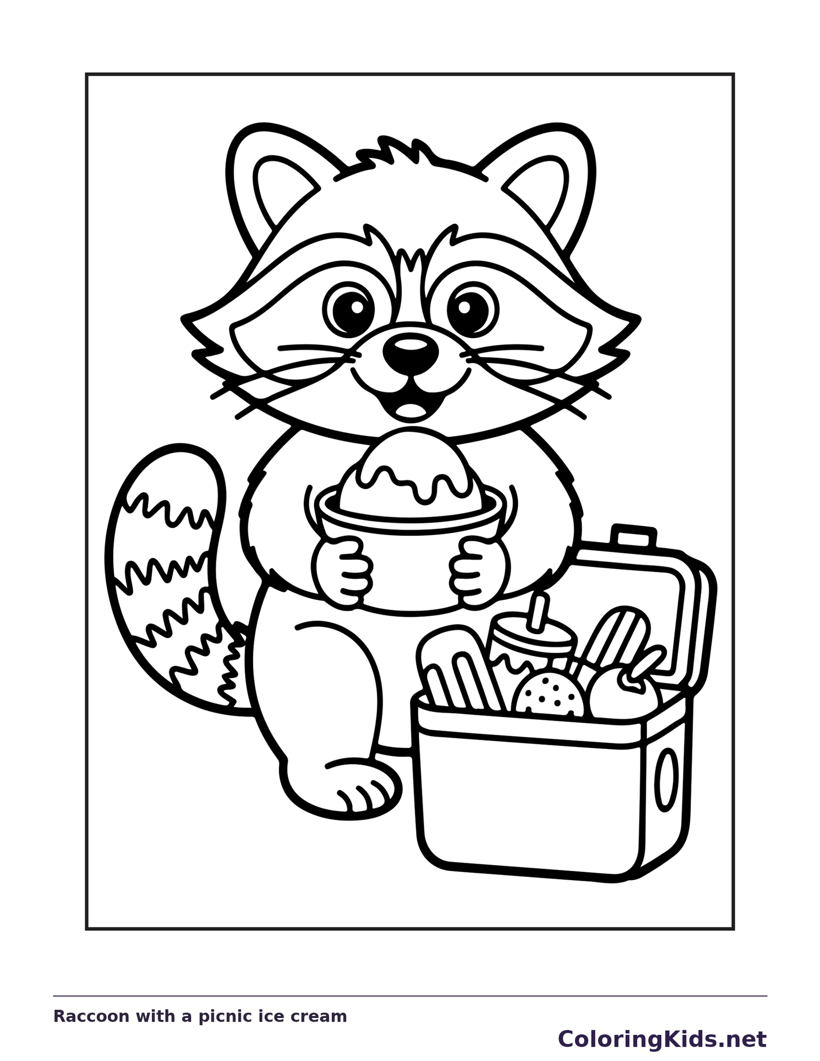 Black and white raccoon coloring page holding a sundae beside a picnic basket