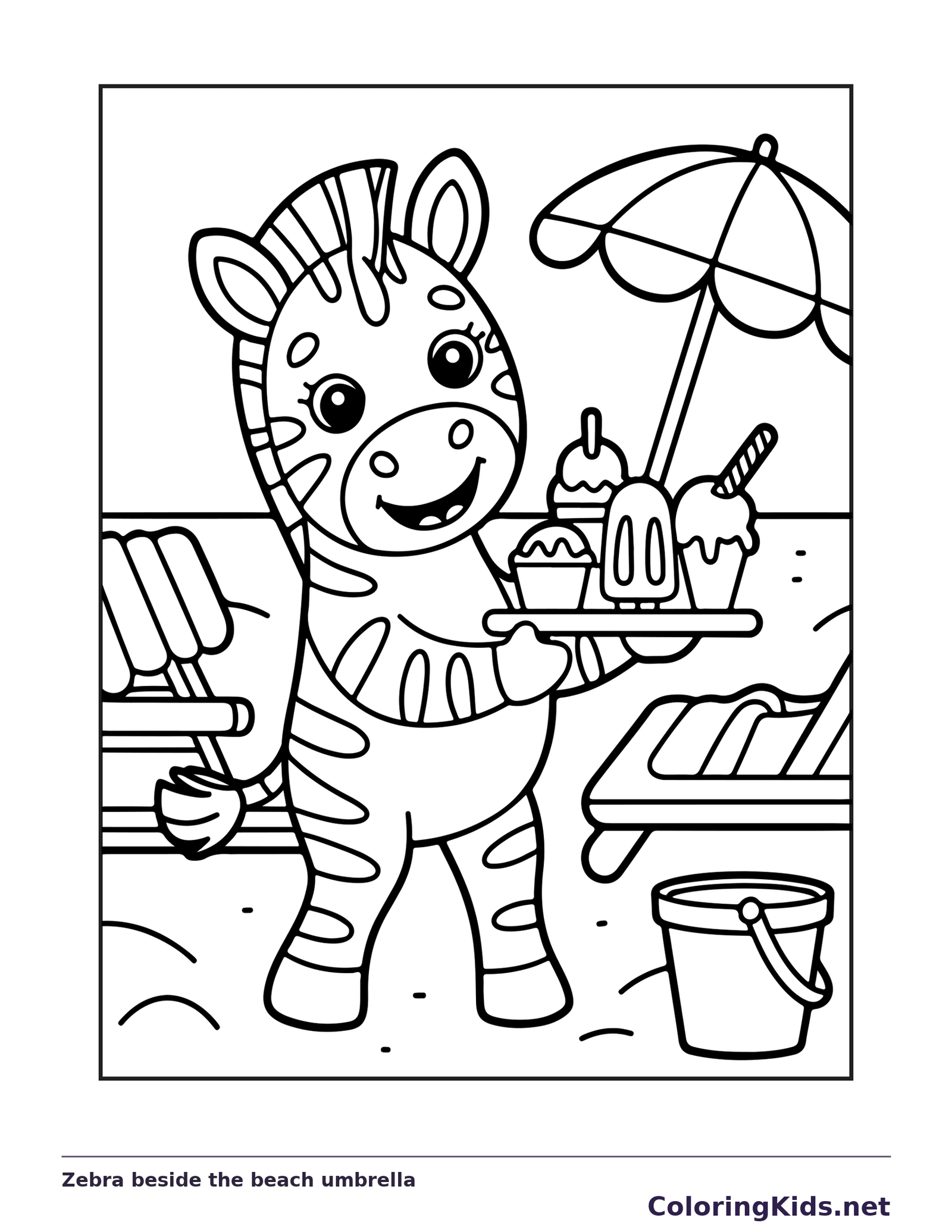 Black and white zebra coloring page beside an ice cream cart and umbrella
