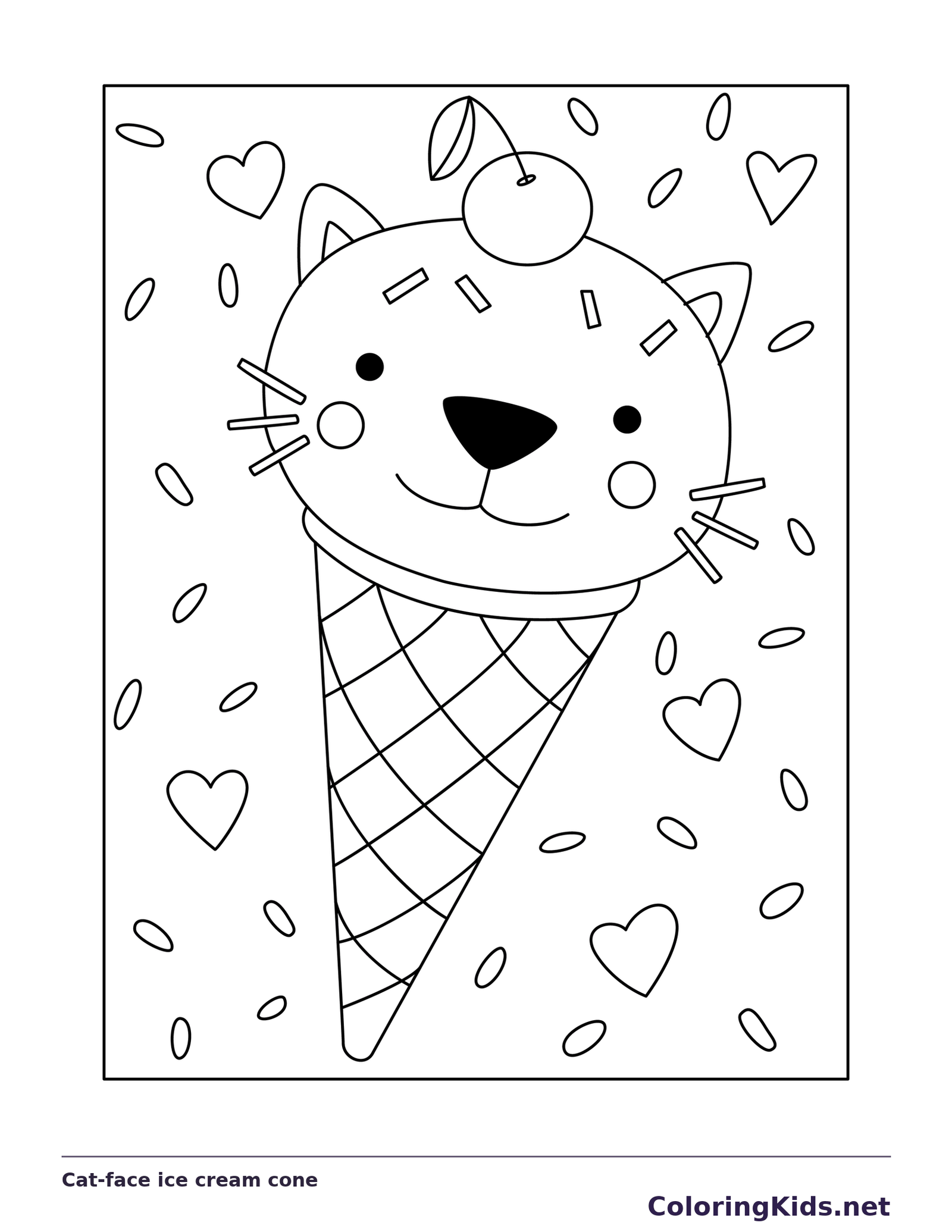 Cat-face ice cream cone, black-and-white printable coloring page