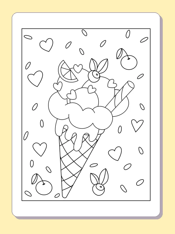 Cherry ice cream cone, black-and-white printable coloring page