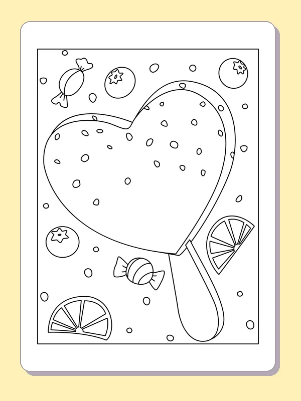 Heart-shaped ice pop, black-and-white printable coloring page