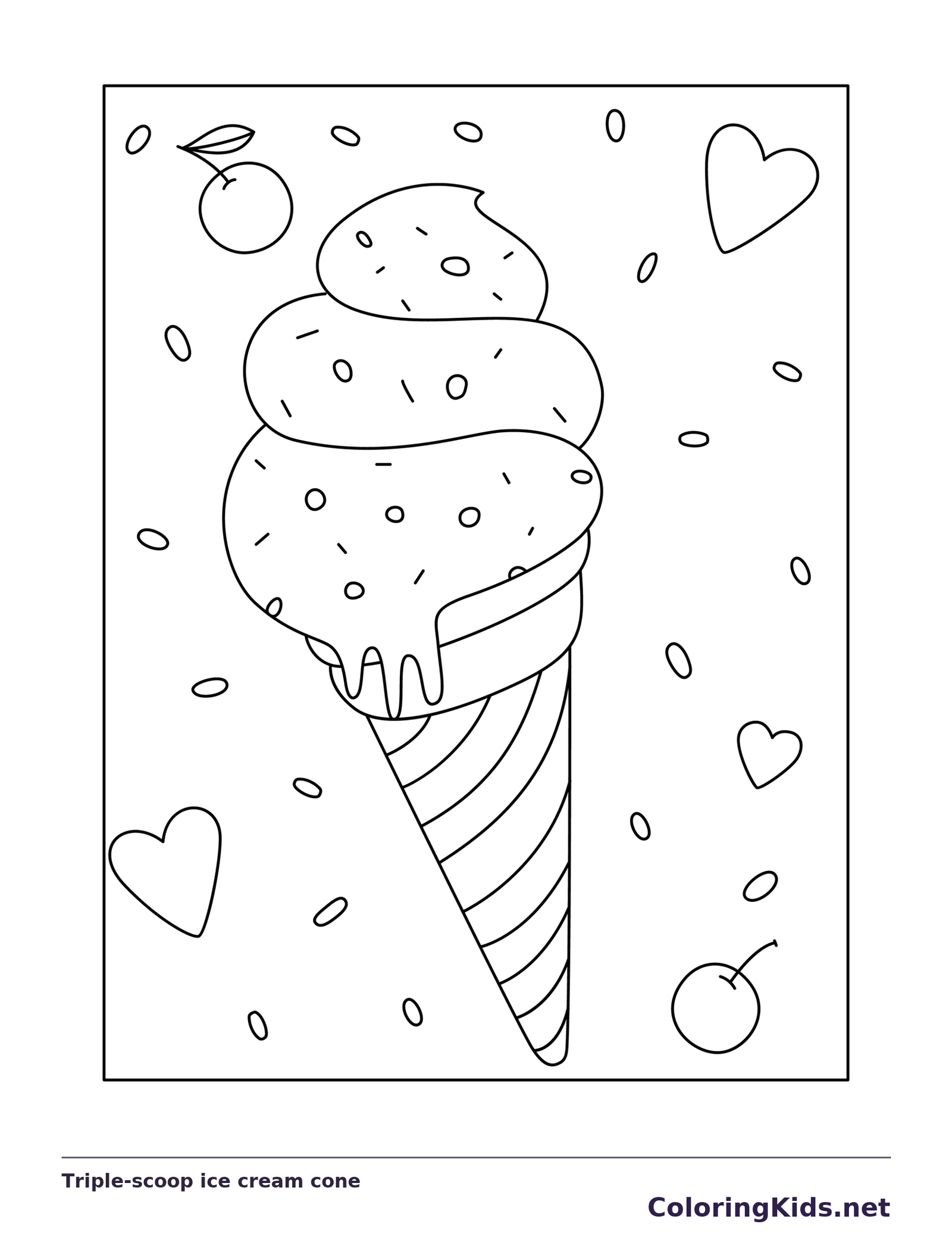 Triple-scoop ice cream cone, black-and-white printable coloring page