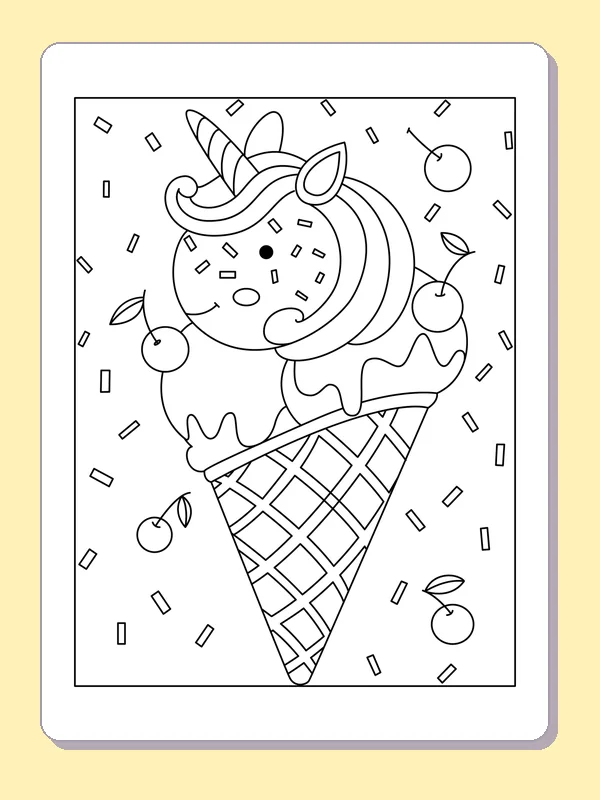 Unicorn ice cream cone, black-and-white printable coloring page