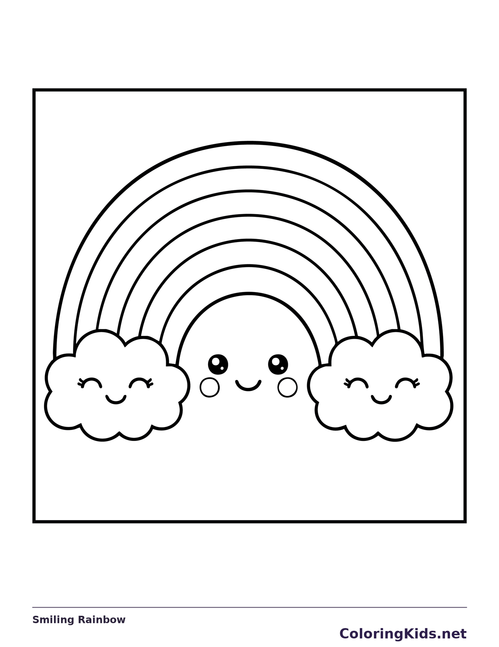 Line drawing of a rainbow with a smiling face