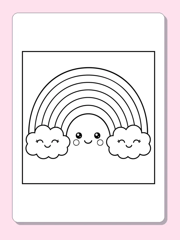 Line drawing of a rainbow with a smiling face