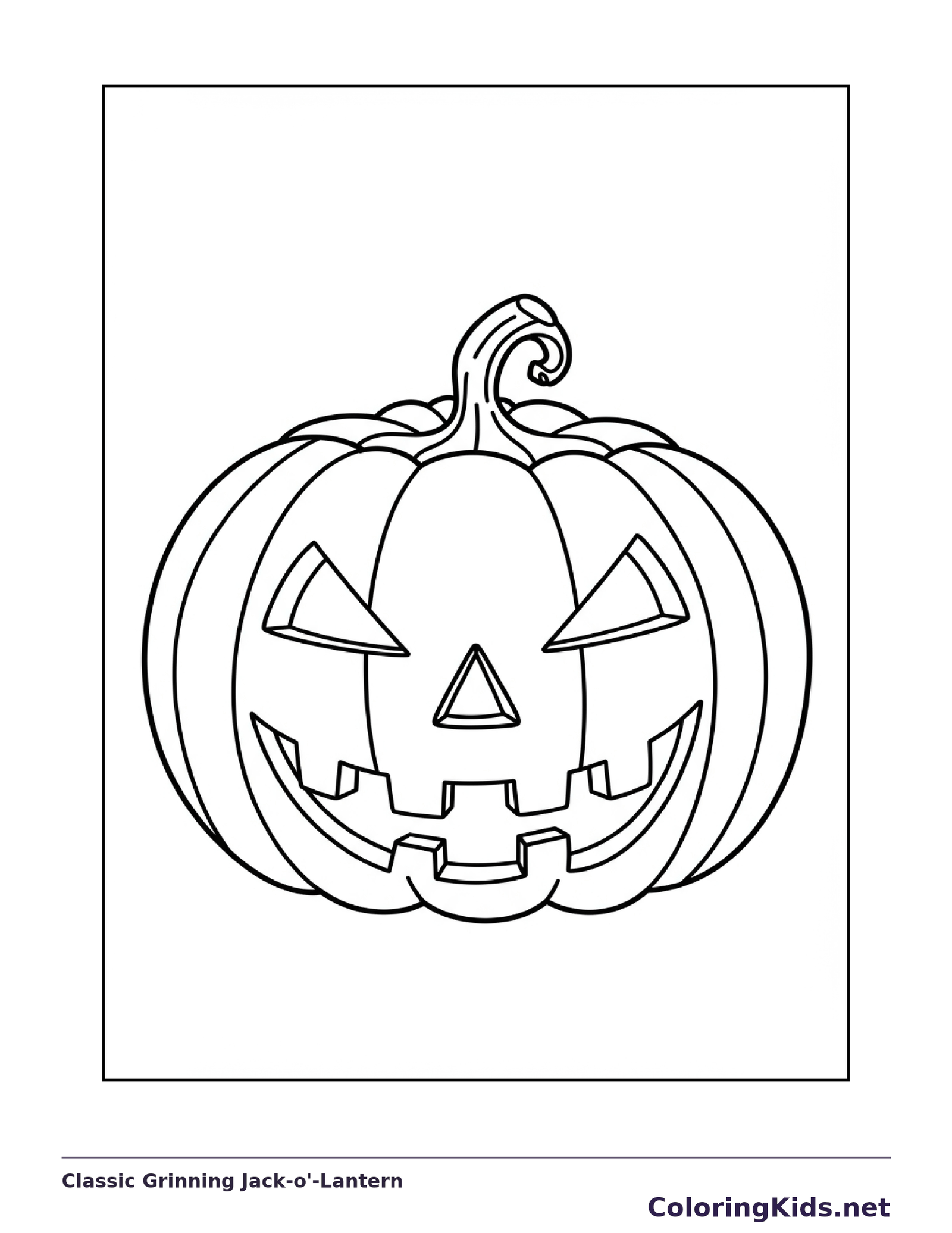 Classic Grinning Jack-o'-Lantern coloring page, black and white printable line art