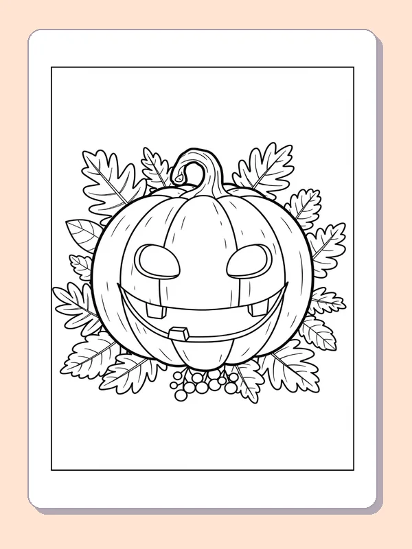 Jack-o'-Lantern Framed by Fall Leaves coloring page, black and white printable line art