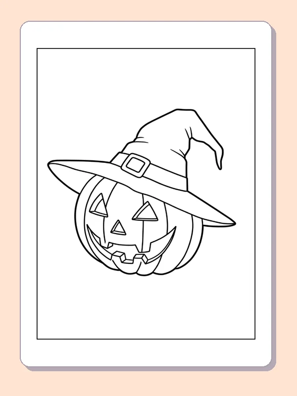 Jack-o'-Lantern in a Witch Hat coloring page, black and white printable line art