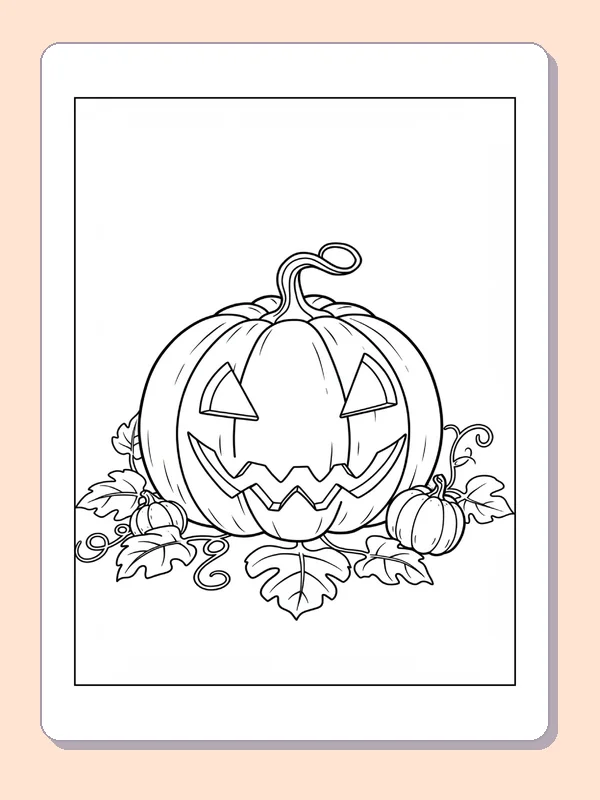 Jack-o'-Lantern Nestled in Leaves coloring page, black and white printable line art