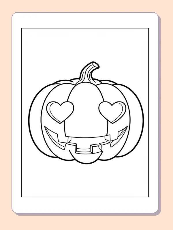 Jack-o'-Lantern with Heart Eyes coloring page, black and white printable line art