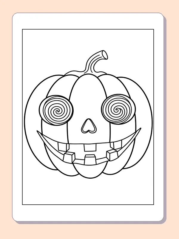 Jack-o'-Lantern with Spiral Eyes coloring page, black and white printable line art