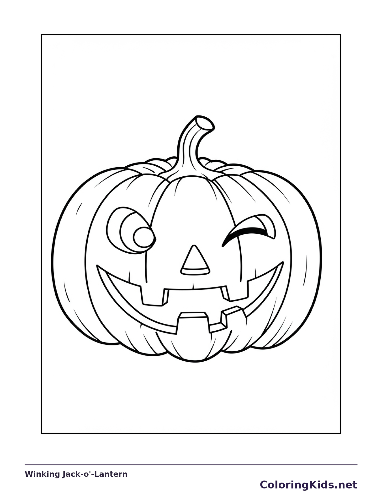 Winking Jack-o'-Lantern coloring page, black and white printable line art