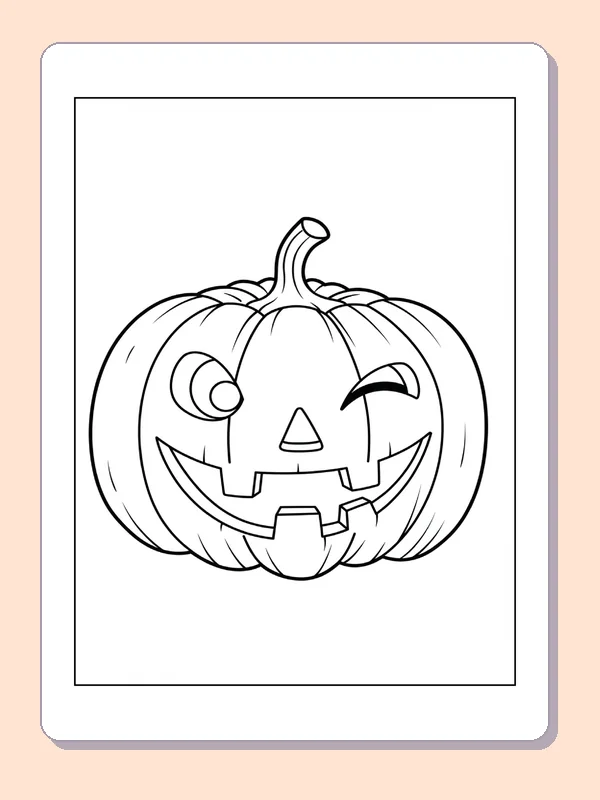 Winking Jack-o'-Lantern coloring page, black and white printable line art