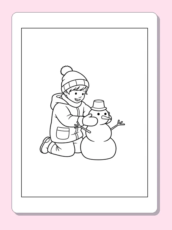 Building a Little Snowman coloring page: black and white line art to print or color online