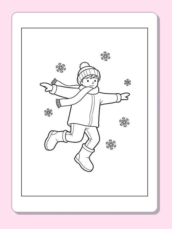 Child Leaping Among Snowflakes coloring page: black and white line art to print or color online
