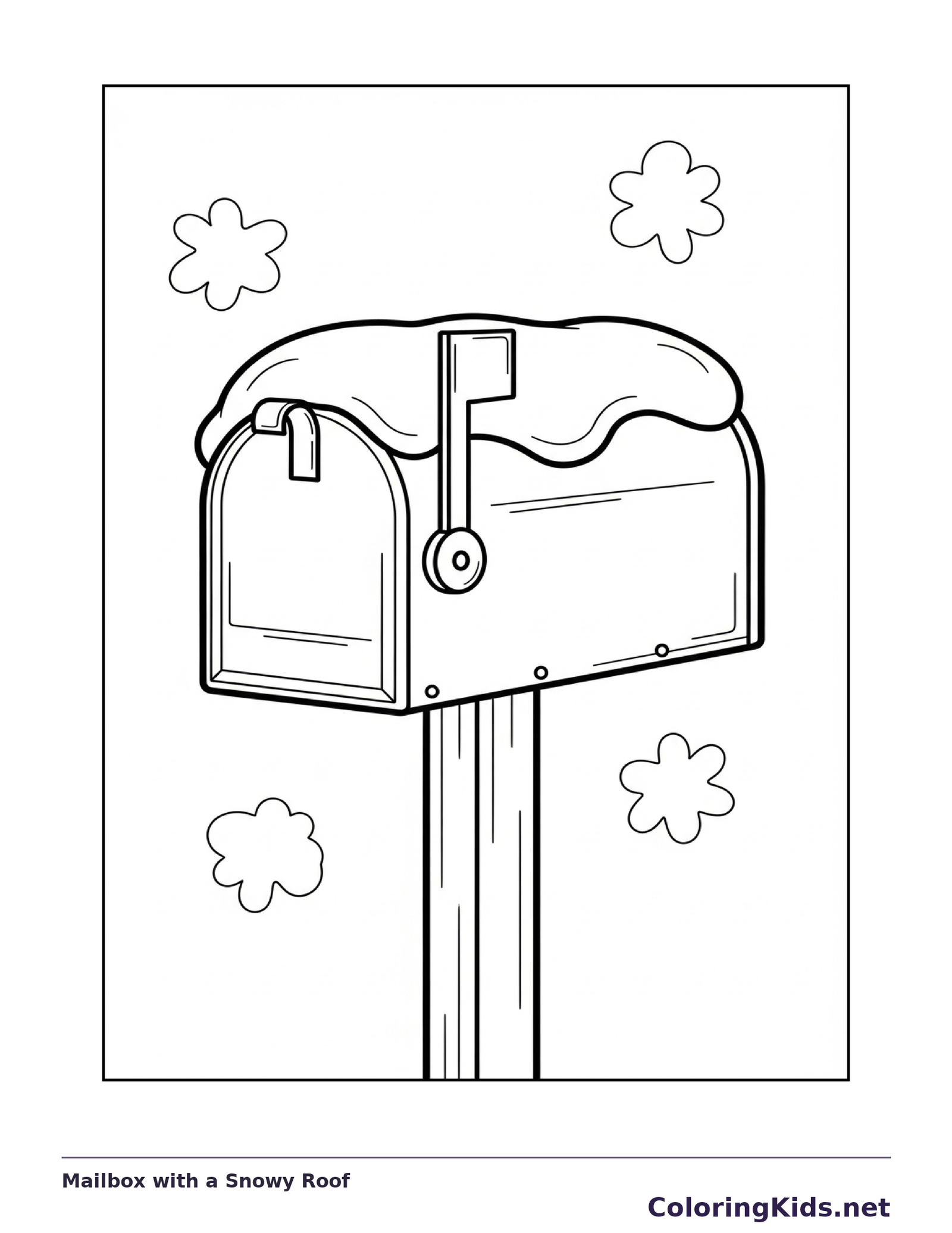Mailbox with a Snowy Roof coloring page: black and white line art to print or color online