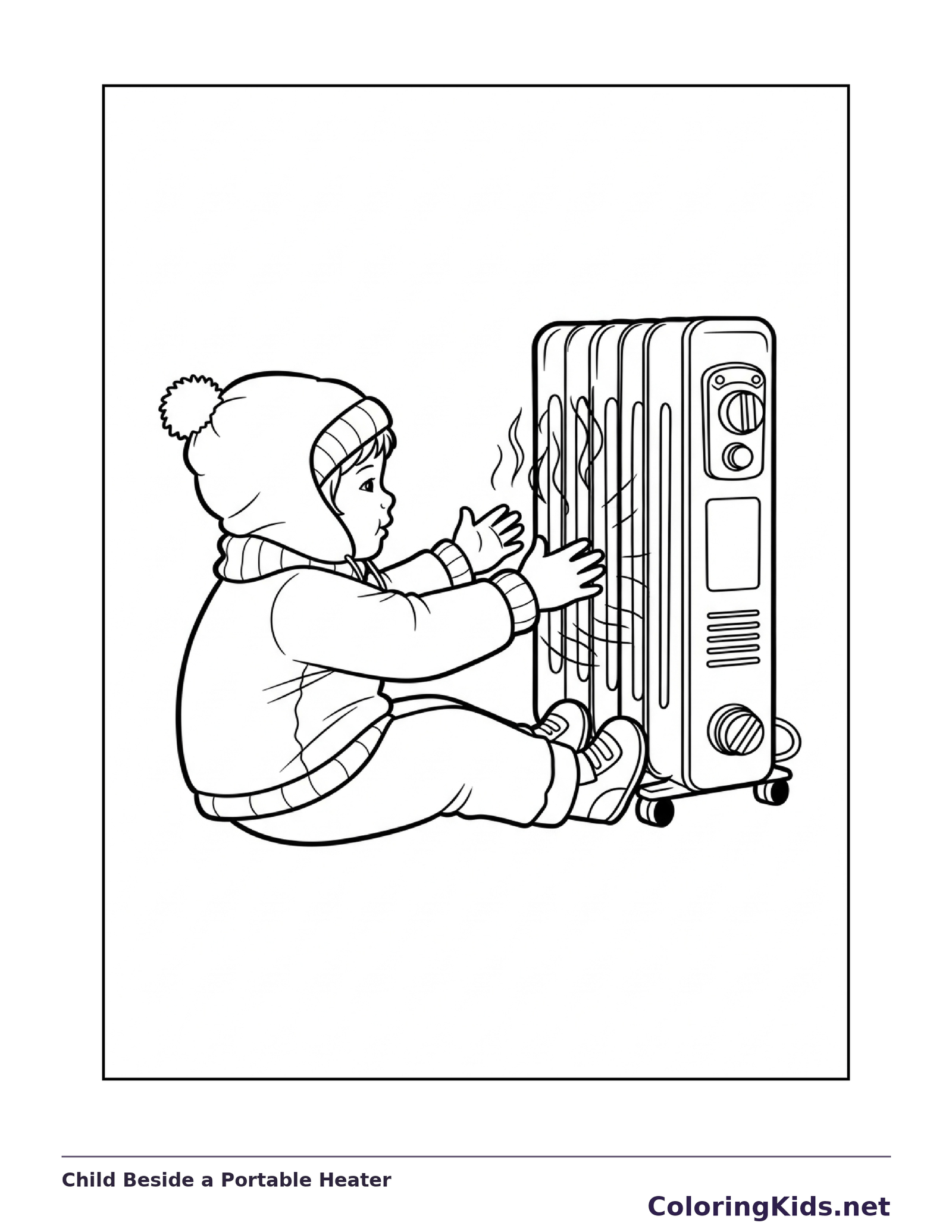 Child Beside a Portable Heater coloring page: black and white line art to print or color online