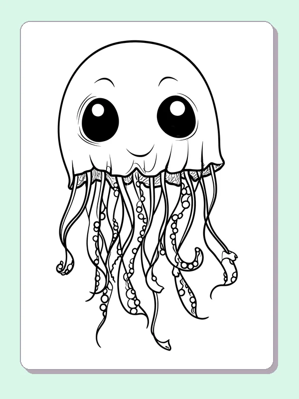 Black and white printable drawing of big-eyed jellyfish portrait with long beaded tentacles