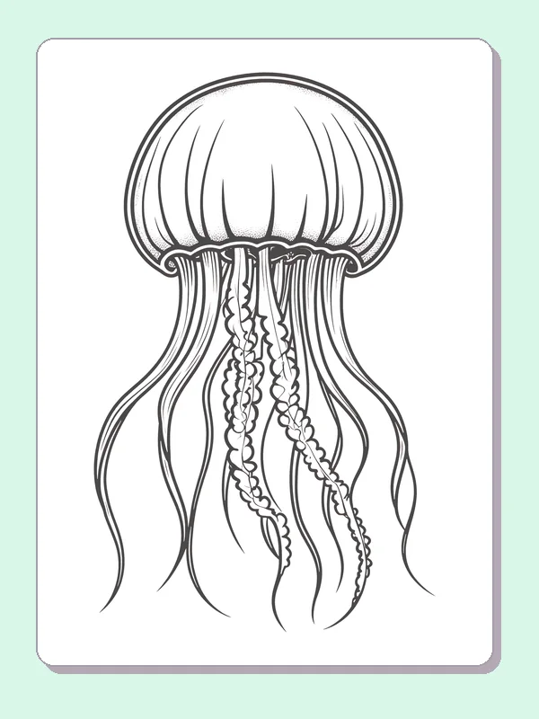 Black and white printable drawing of face-free jellyfish with a striped bell and fine long streamers
