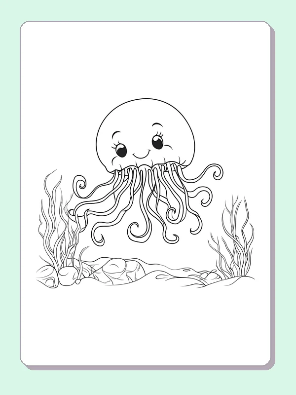 Black and white printable drawing of happy jellyfish above pebbles, shells and seaweed
